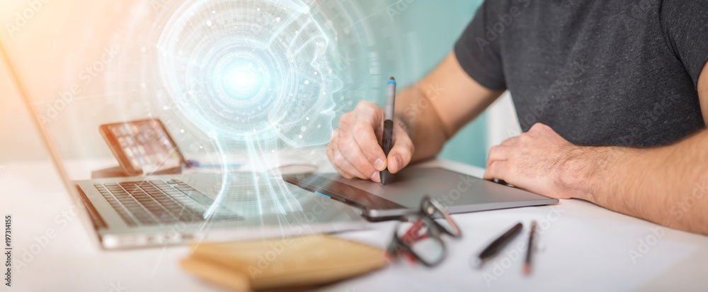 Fototapete businessman using digital artificial intelligence interface 3d rendering