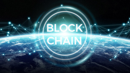 Blockchain on planet Earth 3D rendering
