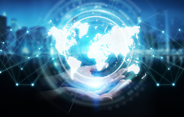 Businesswoman using digital world map interface 3D rendering