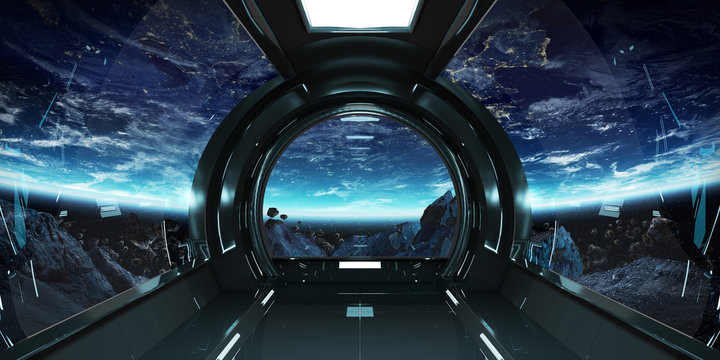 Fototapeta Spaceship interior with view on Earth 3D rendering elements of this image furnished by NASA