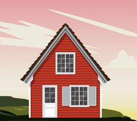 Beautiful red house with white Windows. shutters, wooden Windows, wooden cozy house. Vector graphics