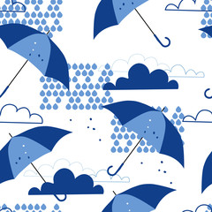 Seamless background with rain. Pattern with clouds, umbrellas