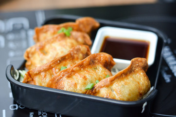Plate of gyoza with sauce