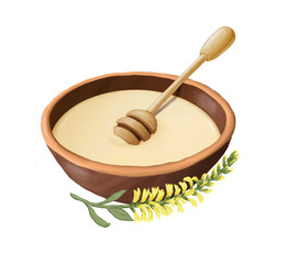 Honey in a bowl with a wooden spoon and a branch of melilotus. Raster illustration isolated on white