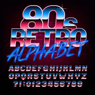80's retro alphabet font. Metallic effect bright type letters and numbers. Stock vector typeface for any typography design.