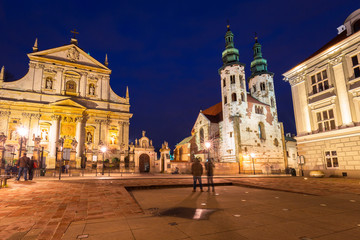 Obraz premium Architecture of the old town in Krakow at night, Poland