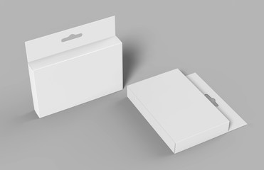Hanging white blank cardboard packaging box with hang tab retail box for mock up design and design presentation. 3d render illustration.