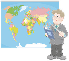 Geography teacher with a schoolbook and a pointer standing near a world map, a  vector illustration in cartoon style