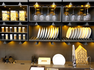 Close-up of kitchen utensils in a beautiful modern kitchen interior.