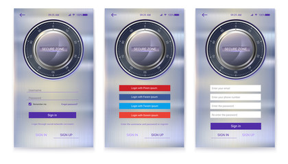Account authorization or register, interface for touchscreen mobile apps. Entrance via login, password and social network. Security application UI design. UX Screen with digital lock on login page