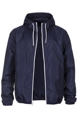 Warm navy blue windbreaker jacket with hood - obrazy, fototapety, plakaty
