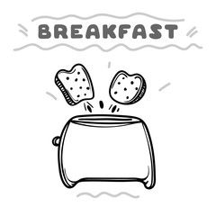 Cartoon toaster with toasts. Hand drawn illustration.