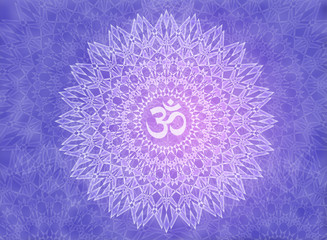 White mandala with the Aum / Om sign on a violet and purple background