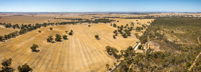 Aerial view of the wheat field near mount Arapiles. Mitre rock is visible on the left hand side. 