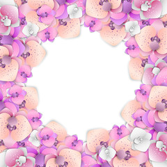 Fototapeta na wymiar Wreath of flowers. Paper cutting orchid flowers. Design elements for invitation, greeting card, flyer, poster.