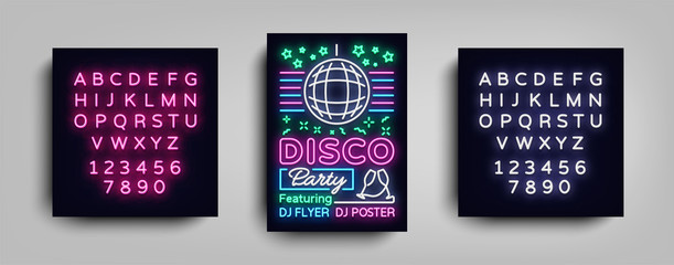 Fototapeta na wymiar Disco party poster neon banner. Nightclub party, neon style flyer, disco ball, musical night posters template, neon advertising party, concert, disco. Vector Illustrations. Editing text neon sign