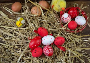 Colorful Easter eggs on wooden background. Easter eggs