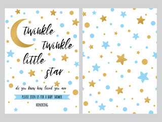 Baby shower invitation template, backgtround with blue gold golden stars design, vector set