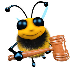 3d Funny cartoon honey bee character holding an auctioneer gavel