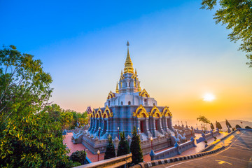 sunrise in front of pagoda at Wat Santikhiri Temple in Mae Salong, nothern Thailand.Srinakarin Sathit Maha Santi Khiri Pagoda at Doi Mae Salong Chaing RaiThailand.