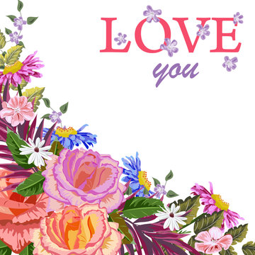 Template greeting card with floral design. For weddings, invitations, valentines day, birthday, mother's day and other festive projects.