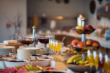 Fototapeta na wymiar Fresh and bright continental breakfast table with jam. Table settings