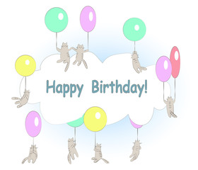 Funny flying cats with balloons and cloud frame. Happy birthday card. Vector cartoon illustration.