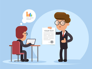 Businessman and document. Presentation contract, document. Business strategy and finance. Flat vector illustration.