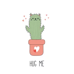 Sierkussen Hand drawn vector illustration of a kawaii funny cactus cat in a pot, with text Hug me. Isolated objects on white background. Line drawing. Design concept for children print. © Maria Skrigan