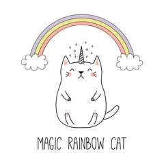 Hand drawn vector illustration of a kawaii funny unicorn cat under the rainbow. Isolated objects on white background. Line drawing. Design concept for children print. © Maria Skrigan