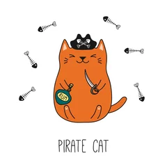 Sierkussen Hand drawn vector illustration of a kawaii funny pirate cat in a tricorne hat, holding cutlass, bottle of rum. Isolated objects on white background. Line drawing. Design concept for children print. © Maria Skrigan