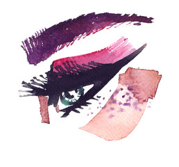 Woman's eye with bright pink eye shadow and purple eyebrow painted in watercolor on clean white background