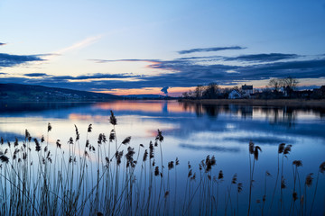 Greifensee Abendd&auml;mmerung Abendrot Abendhimmel blaue Stunde Wolken Wasserspiegelungen Schilf Seeufer