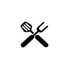 BBQ Grill Tools. Crossed Barbecue Fork with Spatula. Flat Vector Icon. Simple black symbol on white background