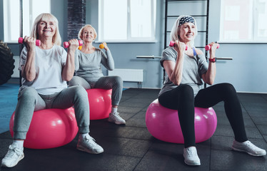 Say no to a passive lifestyle. Group of three radiant ladies focusing on an exercise while all sitting on fitness balls and lifting dumbbells during a training session. - obrazy, fototapety, plakaty
