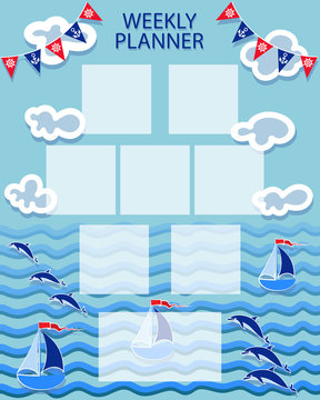 Baby organizer. Summer marine themes. WEEKLY PLANER. Time of adventure and sea voyages. The layout can also be used for children's photos.