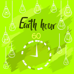 earth hour green greeting card with clock 