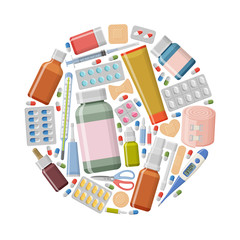 Pharmacy background. Different medical pills, thermometer, plaster, syringe and bottles in round shape. Vector illustration