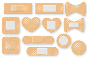 Set of realistic first aid band plaster strip. Elastic bandage patch. Vector illustration isolated on white background.
