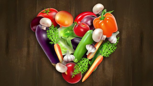 Realistic style vegetables gethering in heart shape composition on wooden background available in 4k UHD FullHD and HD video animation footage