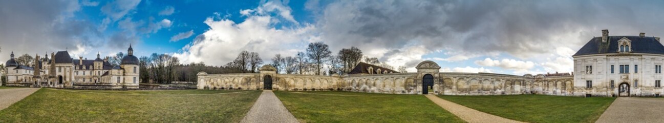 Fototapeta na wymiar Tanlay castle panoramic view, spring day, cloudy weather, France
