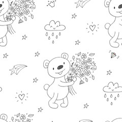 Cute seamless pattern with funny teddy bear. vector illustration
