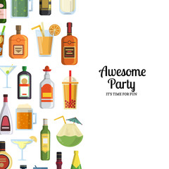 Vector background with alcoholic drinks in glasses and bottles
