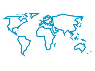 Simplified blue thick outline of world map divided to six continents. Simple flat vector illustration on white background.