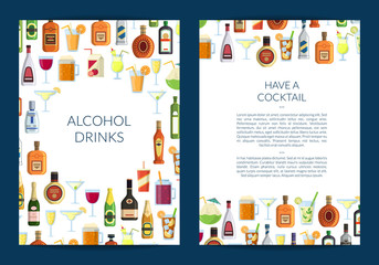 Vector card or brochure template for bar with alcoholic drinks in glasses and bottles