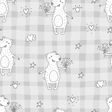 Cute seamless pattern with funny teddy bear. vector illustration © iryna_boiko