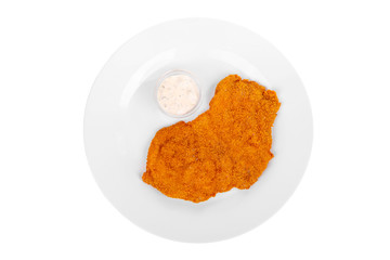 Schnitzel from chicken, pork, beef, meat, grilled fish, barbecue, isolated white background. Tartar, sour cream, mayonnaise, white sauce. For the menu in the restaurant bar View from above