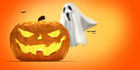 a pumpkin Halloween ghost bats 3d rendering