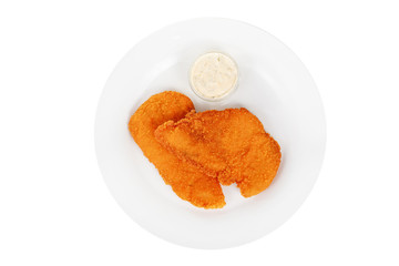 Schnitzel from chicken, pork, beef, meat, grilled fish, barbecue, isolated white background. Tartar, sour cream, mayonnaise, white sauce. For the menu in the restaurant bar View from above
