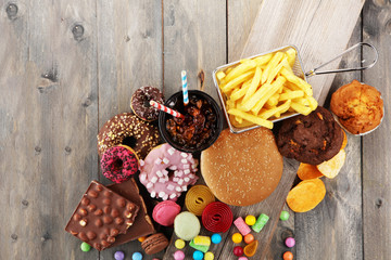 Unhealthy products. food bad for figure, skin, heart and teeth.